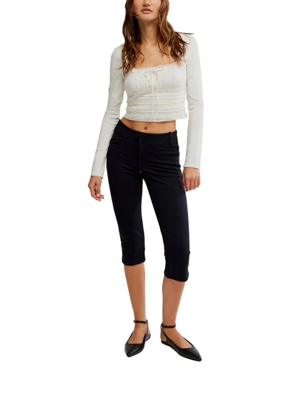 Free People Scarlet Long-Sleeve Ivory Smocked Square-Neck Crop Top- NWT XL